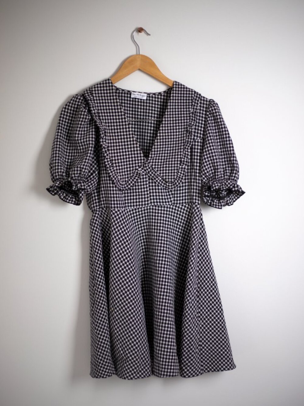 Black White Gingham Puff Sleeve Mini Dress | Ruffle Bib Collar | Size 6 - Picture 7 of 12